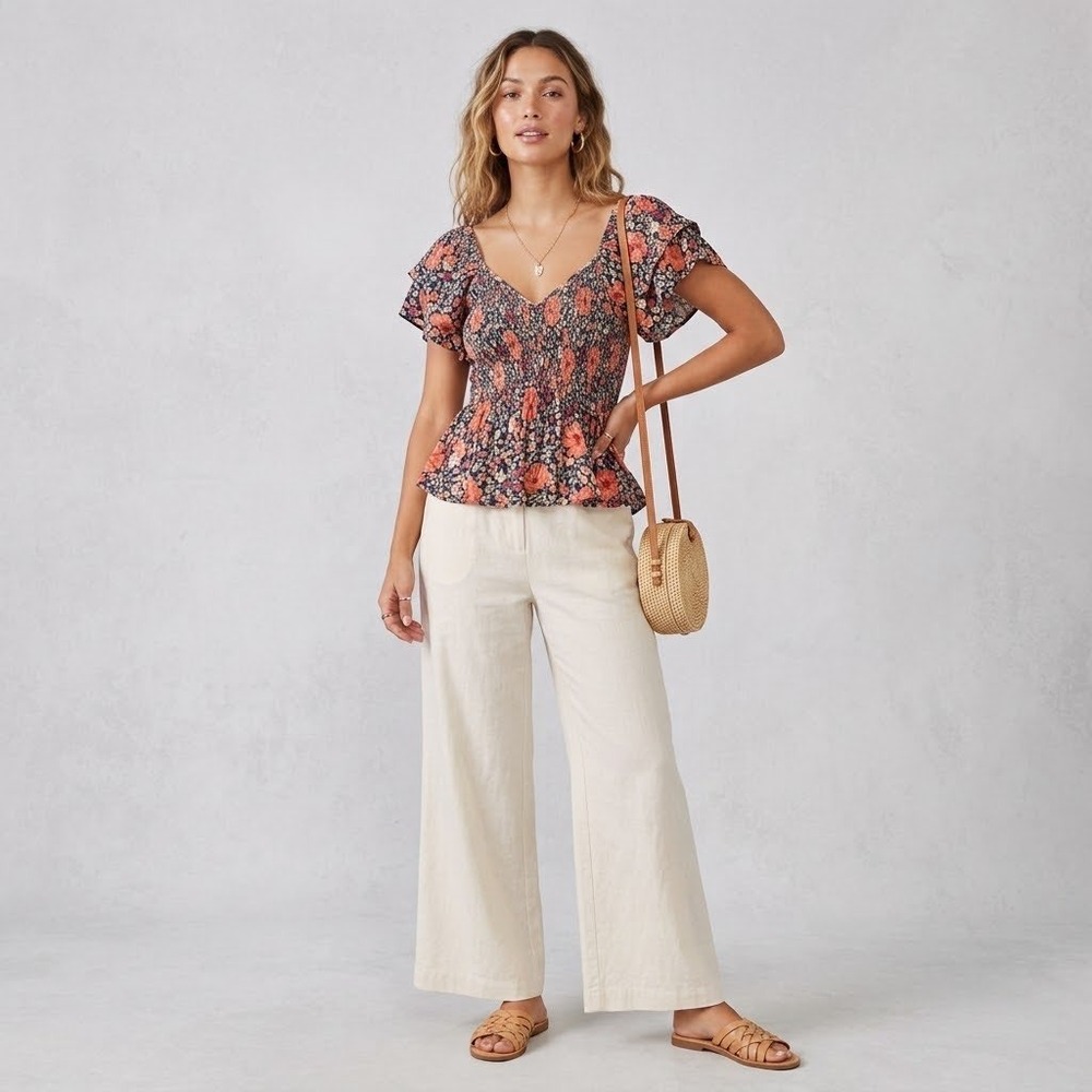 Angie Floral Smocked Peplum Top Flutter Sleeve Boho Blouse Navy Orange Large L